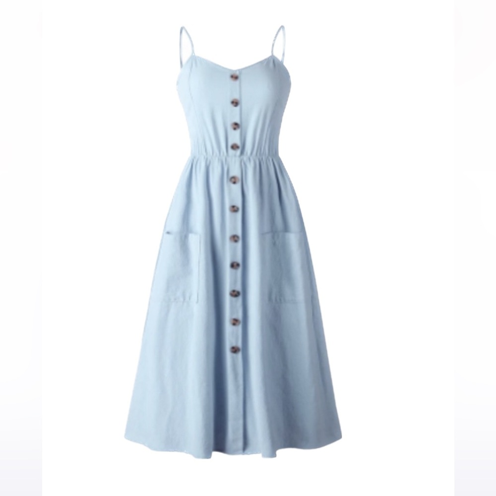NWOT. Blue cotton summer midi dress. Not worn. Two pockets. Spaghetti straps - Picture 1 of 11